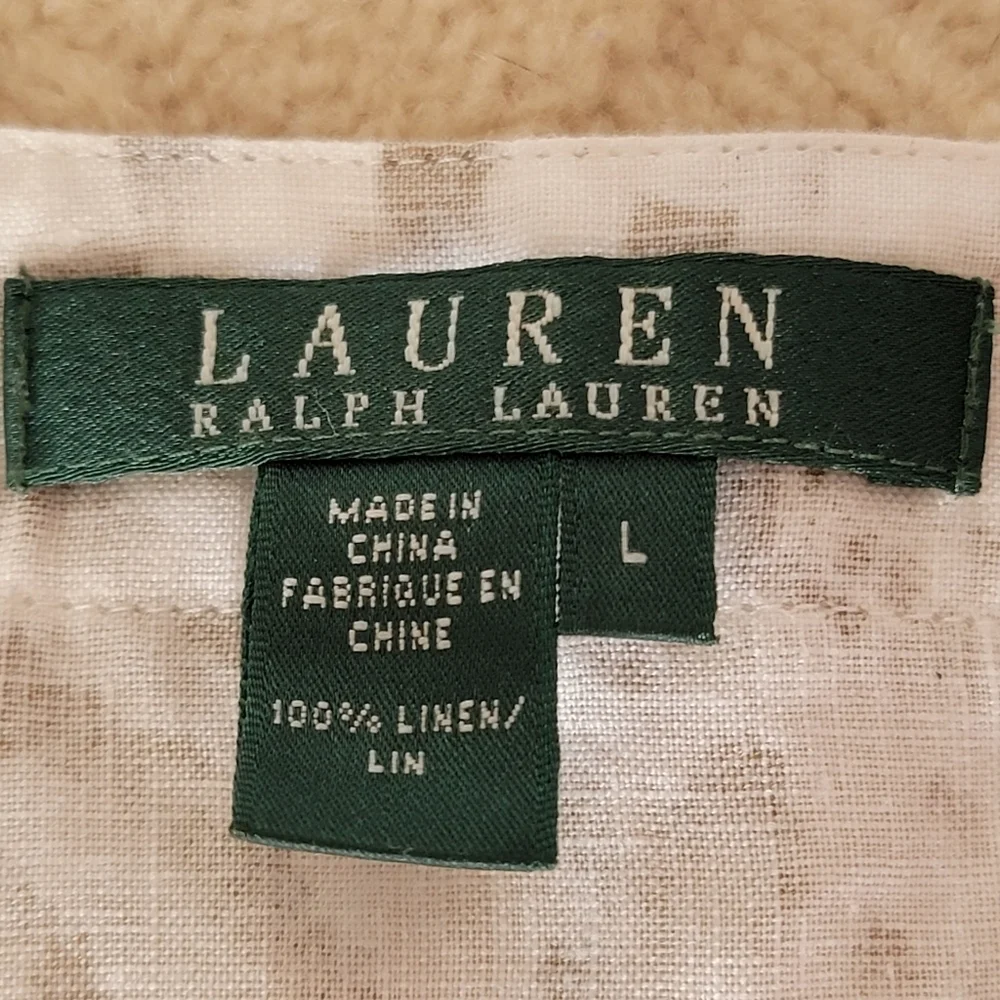 Lauren Ralph Lauren 100% Linen Gold Ivory Floral Print Shimmer Tunic size L